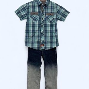 Boys plaid and faded jeans set